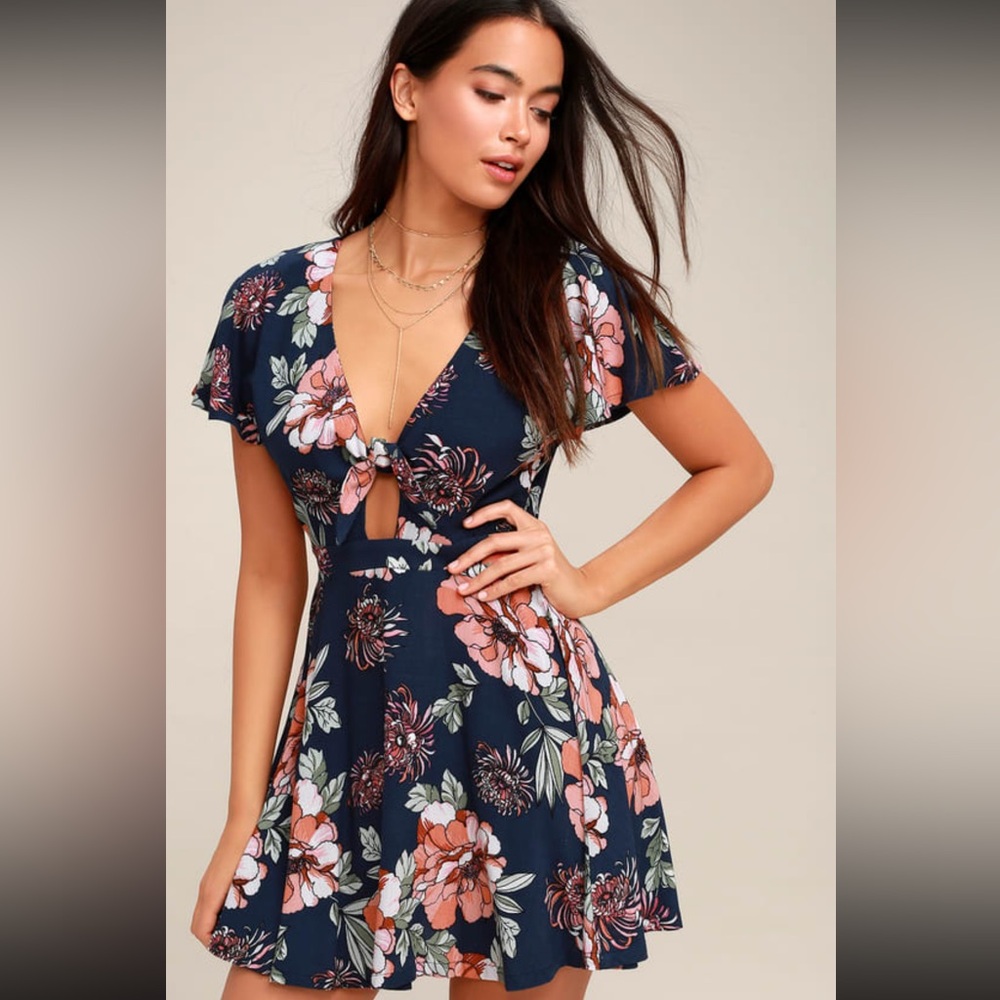Lulus Navy Blue Floral Print Tie-Front Skater Dress